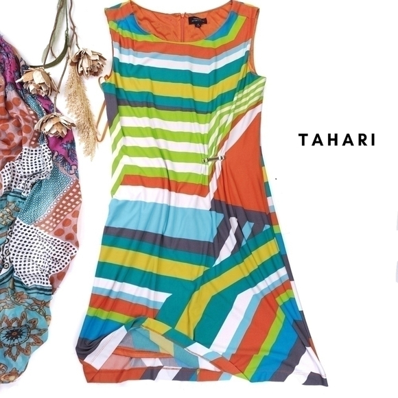 Tahari Multicolored Striped Dress Sz 14 - Picture 1 of 16